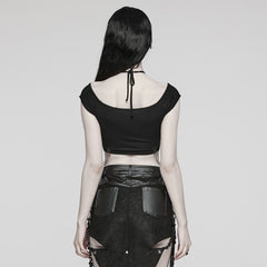 WT-852TDF Edgy Gothic Chain Halter Punk T-Shirt Cropped Top