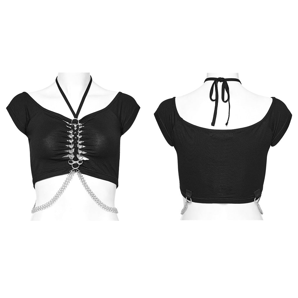 WT-852TDF Edgy Gothic Chain Halter Punk T-Shirt Cropped Top