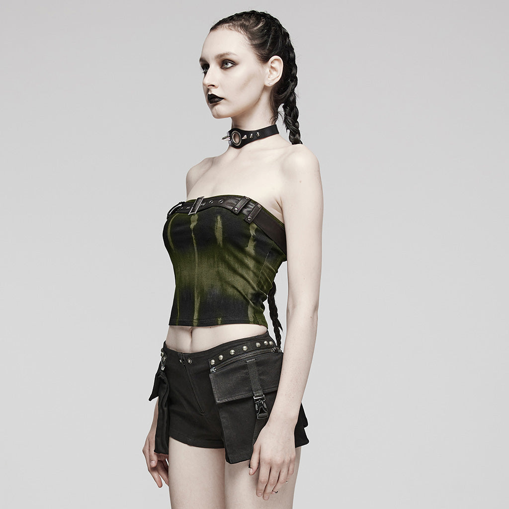 WT-855DDF Edgy black-Green Punk Corset Top with Belted Accent