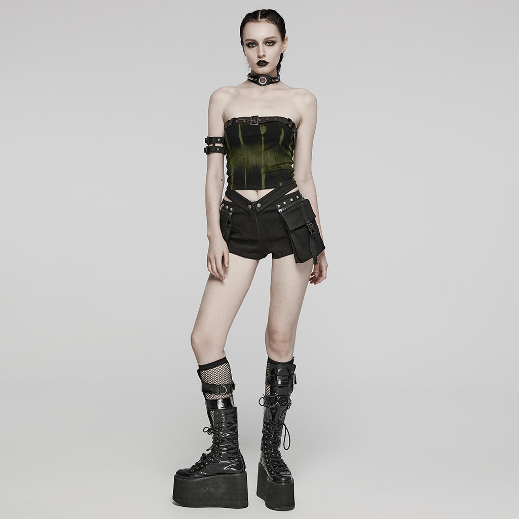 WT-855DDF Edgy black-Green Punk Corset Top with Belted Accent