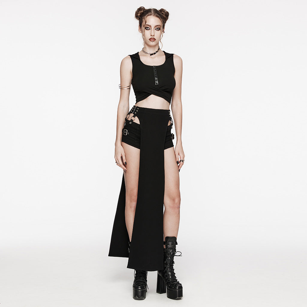 WT-856BXF Riveted Hooded Crop Punk Vest with Strappy Cutouts?-??Punk Rave Clothing