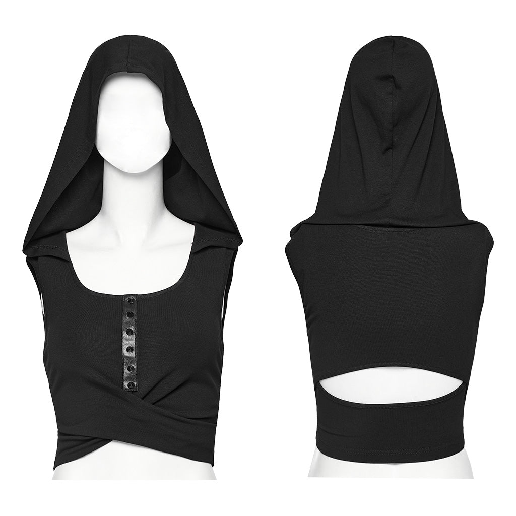 WT-856BXF Riveted Hooded Crop Punk Vest with Strappy Cutouts?-??Punk Rave Clothing
