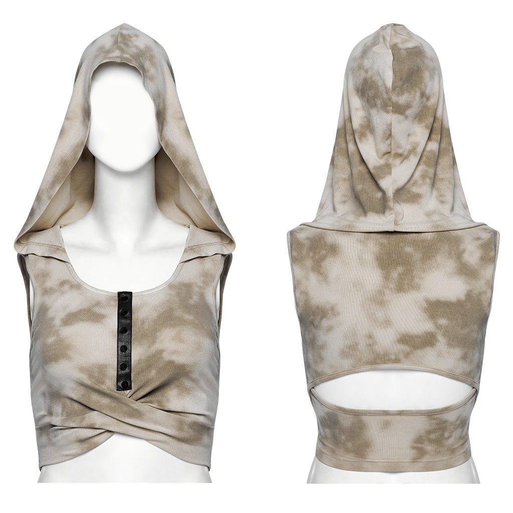 WT-856BXF Riveted Hooded Crop Punk Vest with Strappy Cutouts?-??Punk Rave Clothing