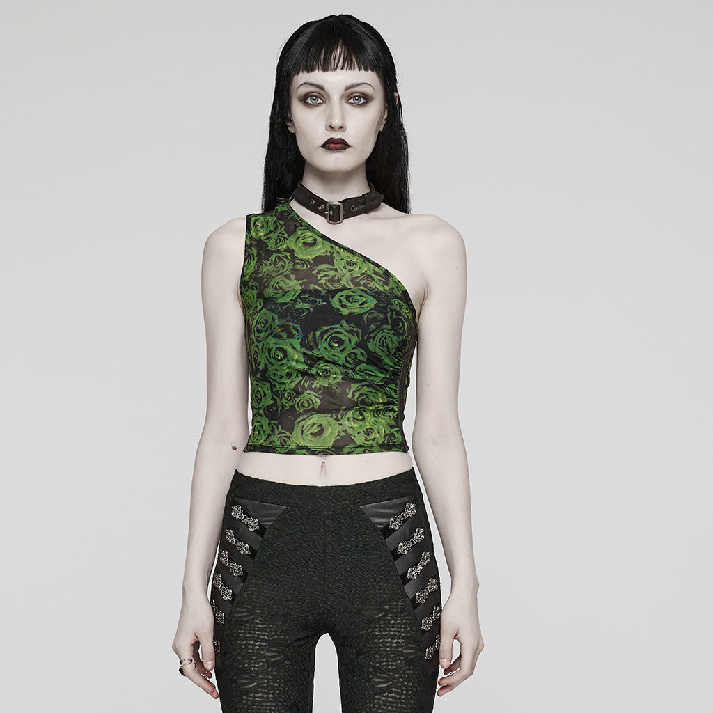 WT-857BXF Gothic Asymmetric Mesh Punk Shirt with Choker Collar?-??Punk Rave Clothing