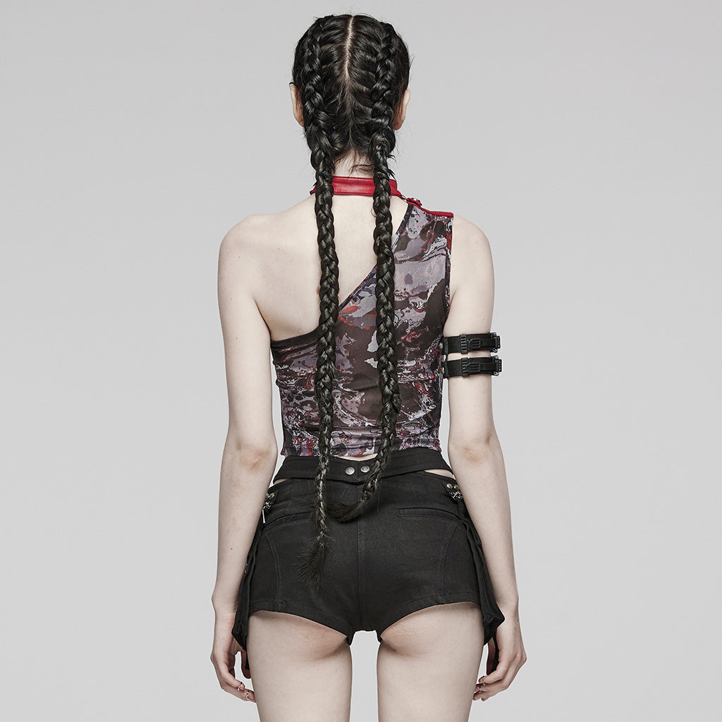 WT-857BXF Gothic Asymmetric Mesh Punk Shirt with Choker Collar