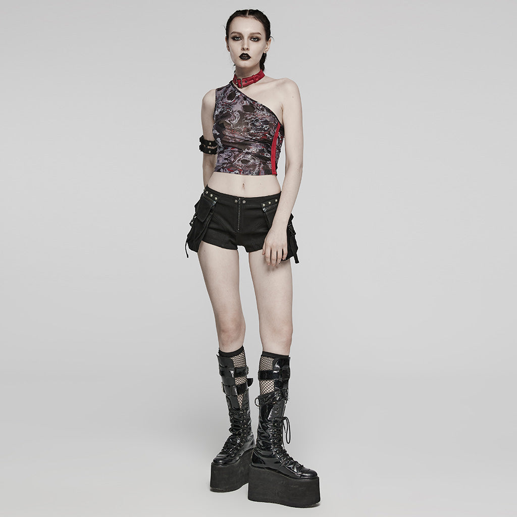 WT-857BXF Gothic Asymmetric Mesh Punk Shirt with Choker Collar