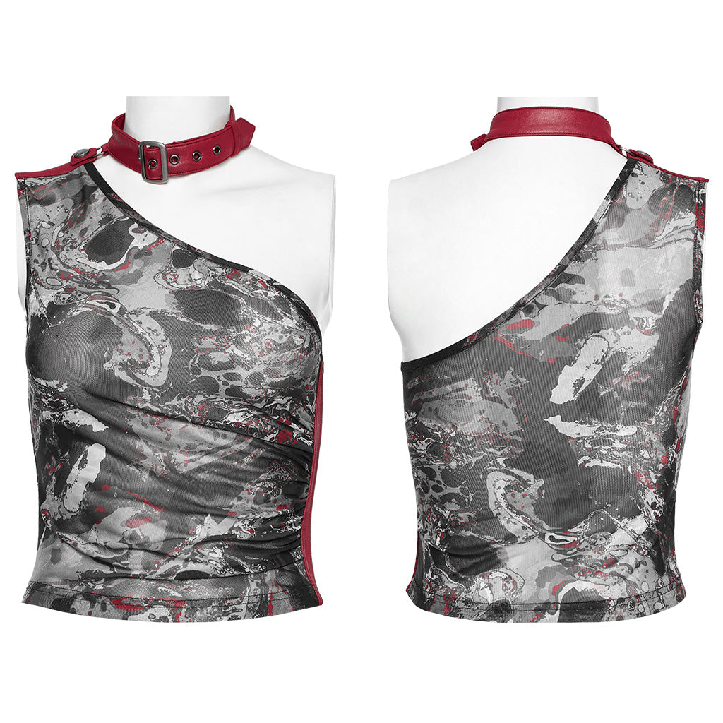 WT-857BXF Gothic Asymmetric Mesh Punk Shirt with Choker Collar?-??Punk Rave Clothing