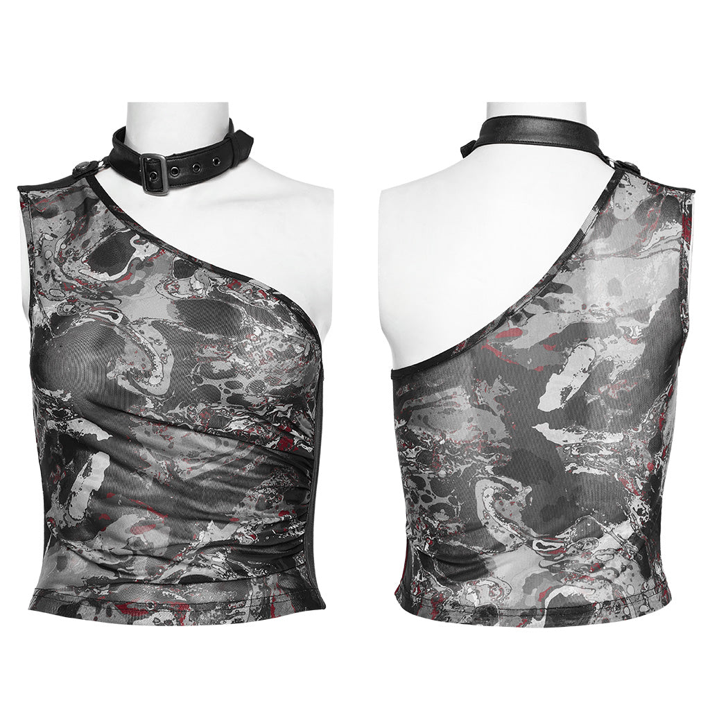 WT-857BXF Gothic Asymmetric Mesh Punk Shirt with Choker Collar?-??Punk Rave Clothing