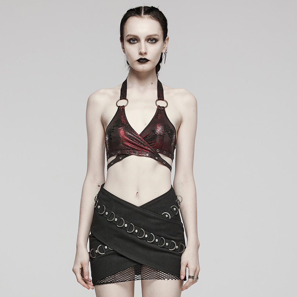 WT-862DDF Edgy Punk Halter Top with Metal Ring Accents?-??Punk Rave Clothing