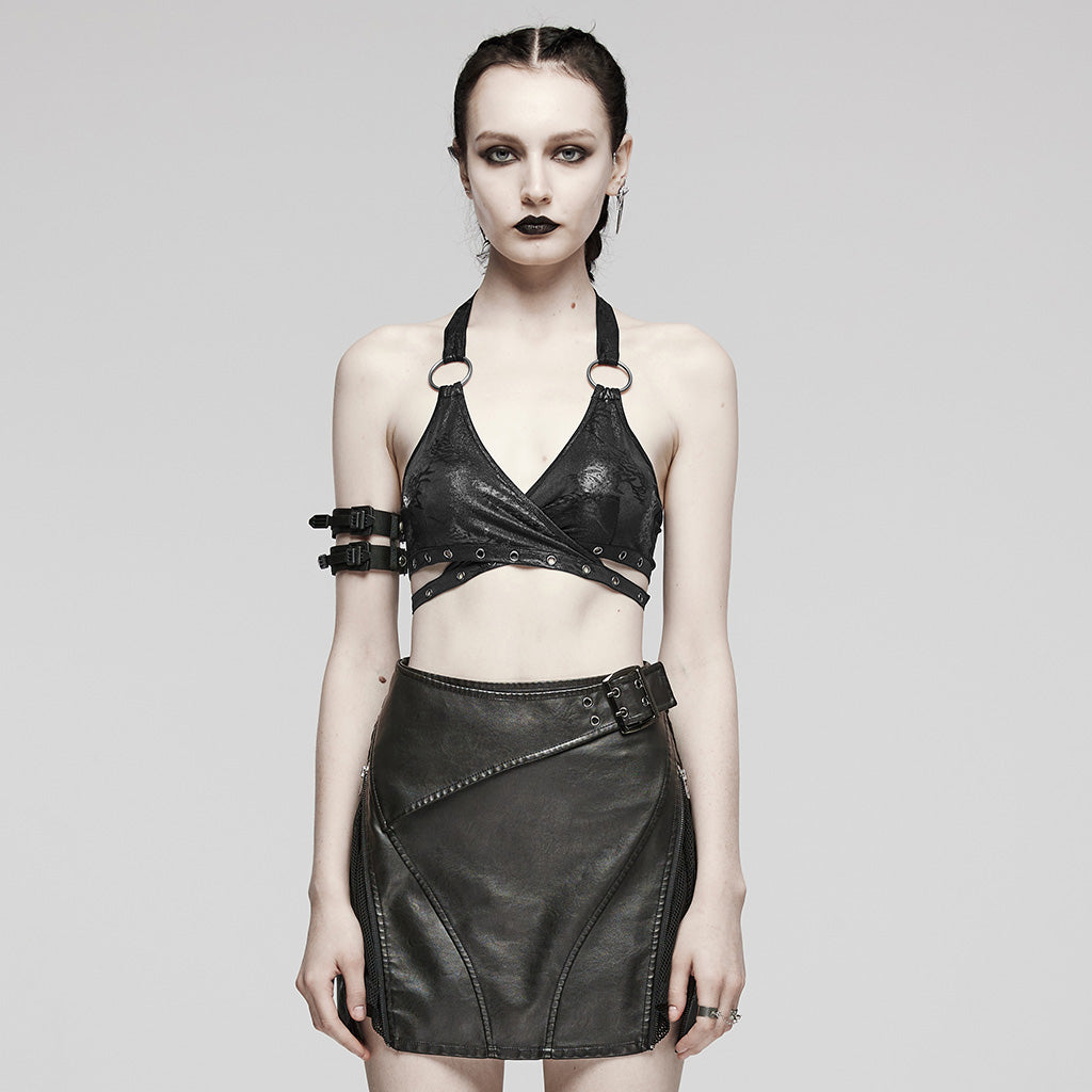 WT-862DDF Edgy Punk Halter Top with Metal Ring Accents?-??Punk Rave Clothing