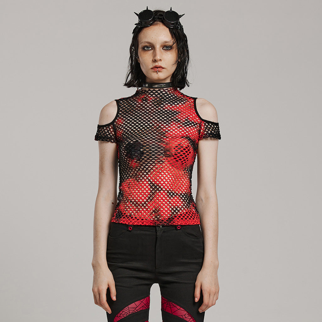 WT-865TDF Gothic Mesh Punk T-Shirt with Cold Shoulder Cutouts?-??Punk Rave Clothing