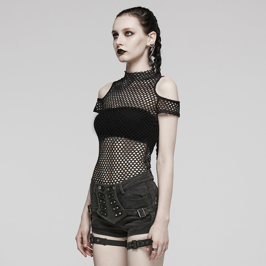 WT-865TDF Gothic Mesh Punk T-Shirt with Cold Shoulder Cutouts?-??Punk Rave Clothing