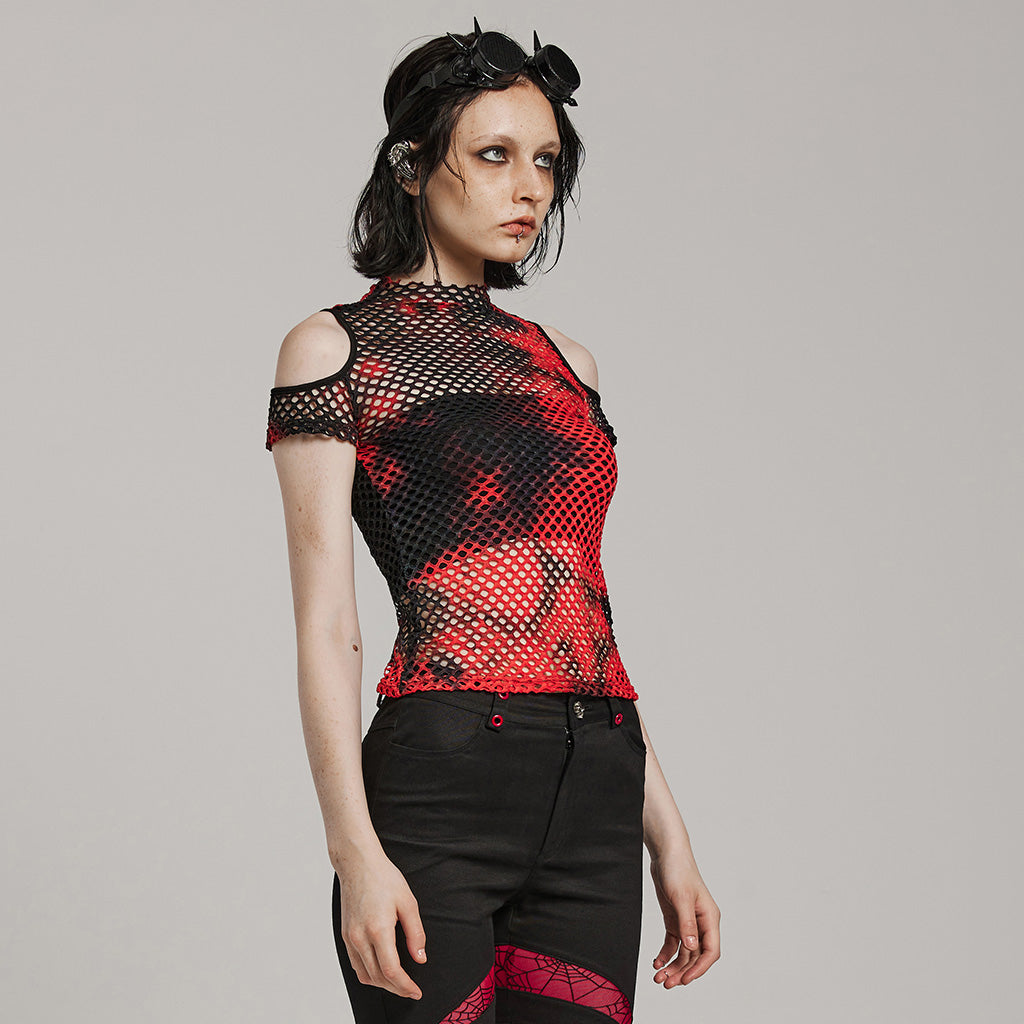 WT-865TDF Gothic Mesh Punk T-Shirt with Cold Shoulder Cutouts