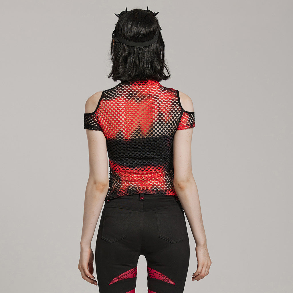 WT-865TDF Gothic Mesh Punk T-Shirt with Cold Shoulder Cutouts?-??Punk Rave Clothing