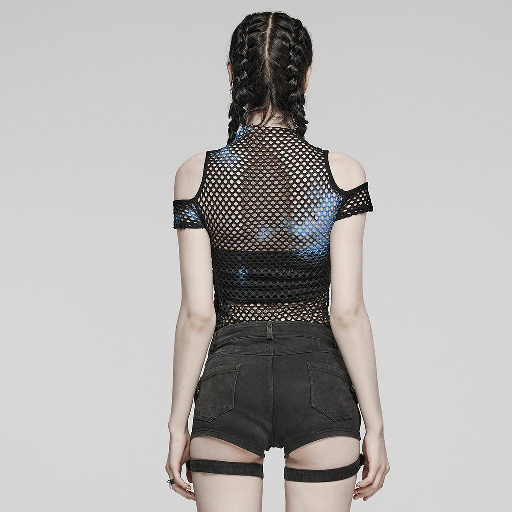 WT-865TDF Gothic Mesh Punk T-Shirt with Cold Shoulder Cutouts