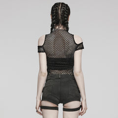 WT-865TDF Gothic Mesh Punk T-Shirt with Cold Shoulder Cutouts