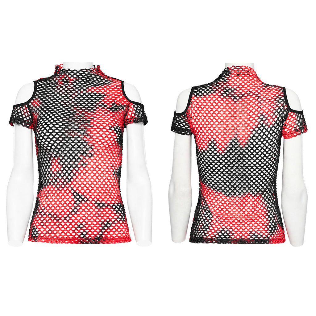 WT-865TDF Gothic Mesh Punk T-Shirt with Cold Shoulder Cutouts?-??Punk Rave Clothing