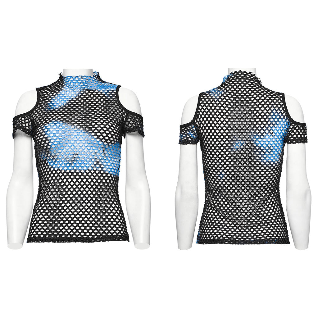 WT-865TDF Gothic Mesh Punk T-Shirt with Cold Shoulder Cutouts?-??Punk Rave Clothing