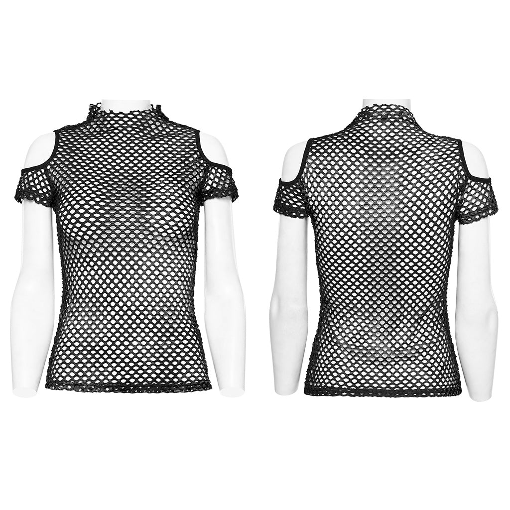 WT-865TDF Gothic Mesh Punk T-Shirt with Cold Shoulder Cutouts?-??Punk Rave Clothing