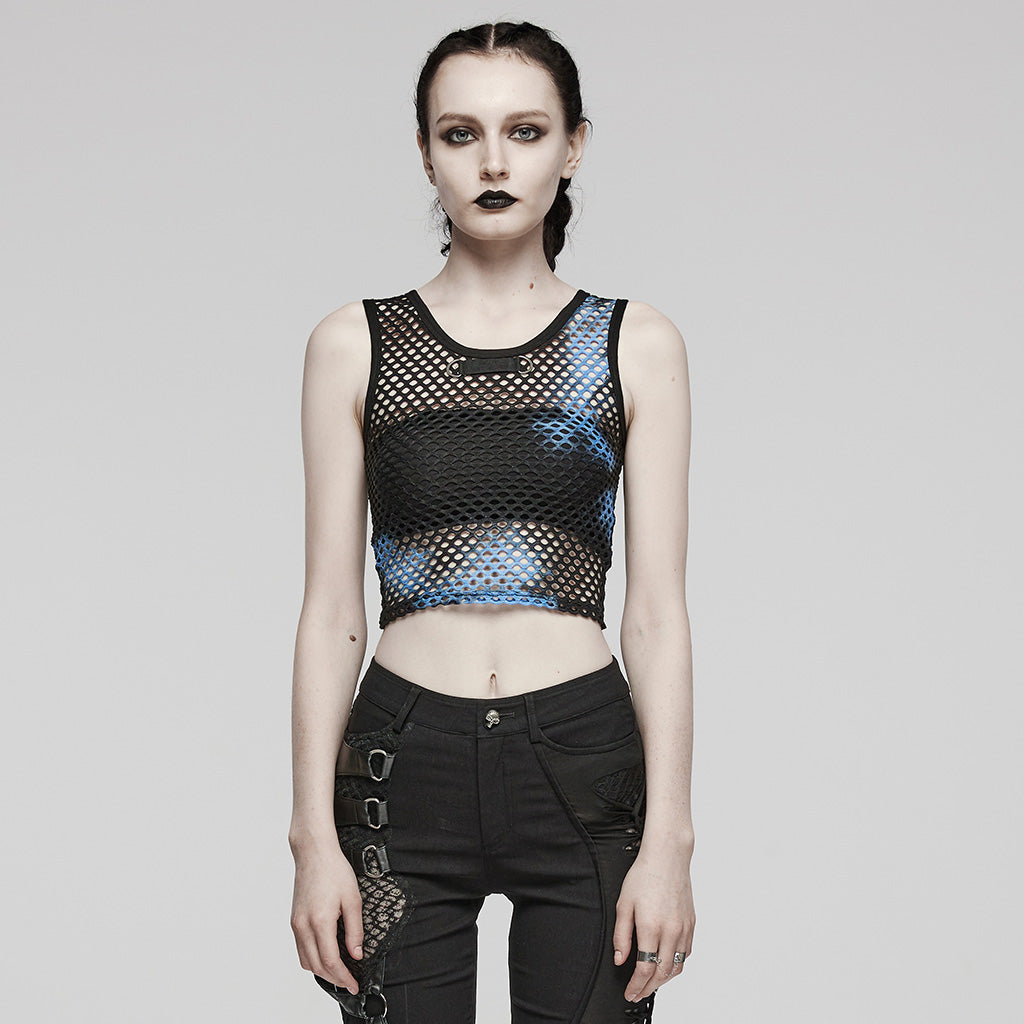 WT-866BXF Tie-Dye Mesh Crop Punk T-Shirt Edgy Fishnet Design