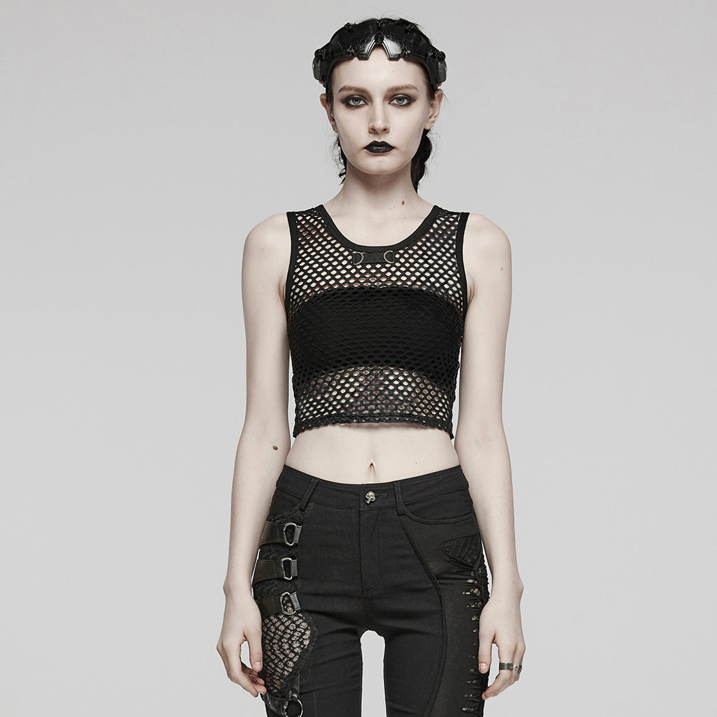 WT-866BXF Tie-Dye Mesh Crop Punk T-Shirt Edgy Fishnet Design