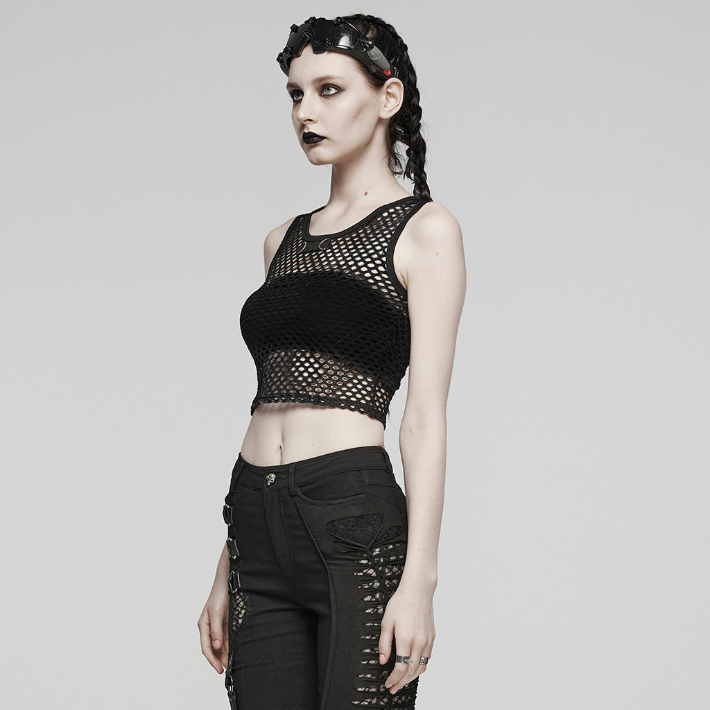 WT-866BXF Tie-Dye Mesh Crop Punk T-Shirt Edgy Fishnet Design?-??Punk Rave Clothing