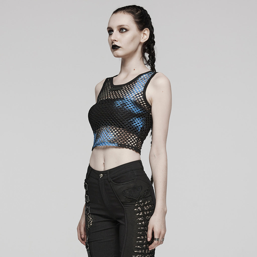 WT-866BXF Tie-Dye Mesh Crop Punk T-Shirt Edgy Fishnet Design