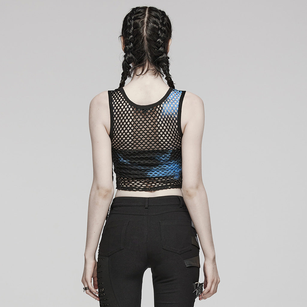 WT-866BXF Tie-Dye Mesh Crop Punk T-Shirt Edgy Fishnet Design