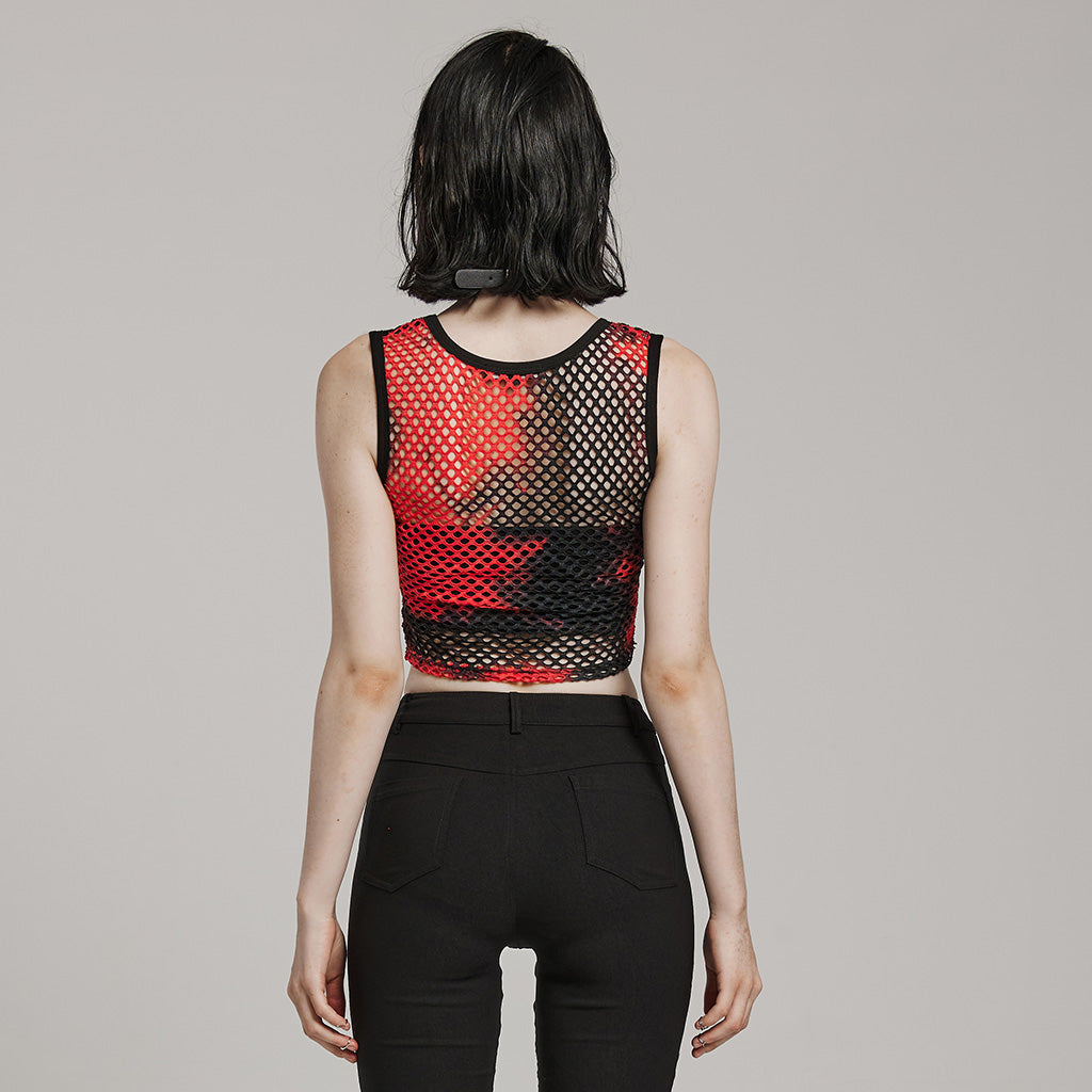 WT-866BXF Tie-Dye Mesh Crop Punk T-Shirt Edgy Fishnet Design?-??Punk Rave Clothing