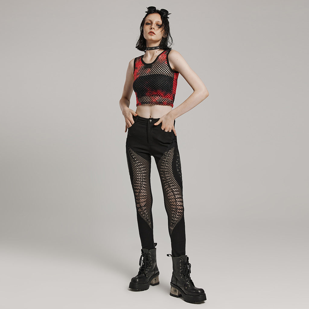 WT-866BXF Tie-Dye Mesh Crop Punk T-Shirt Edgy Fishnet Design?-??Punk Rave Clothing