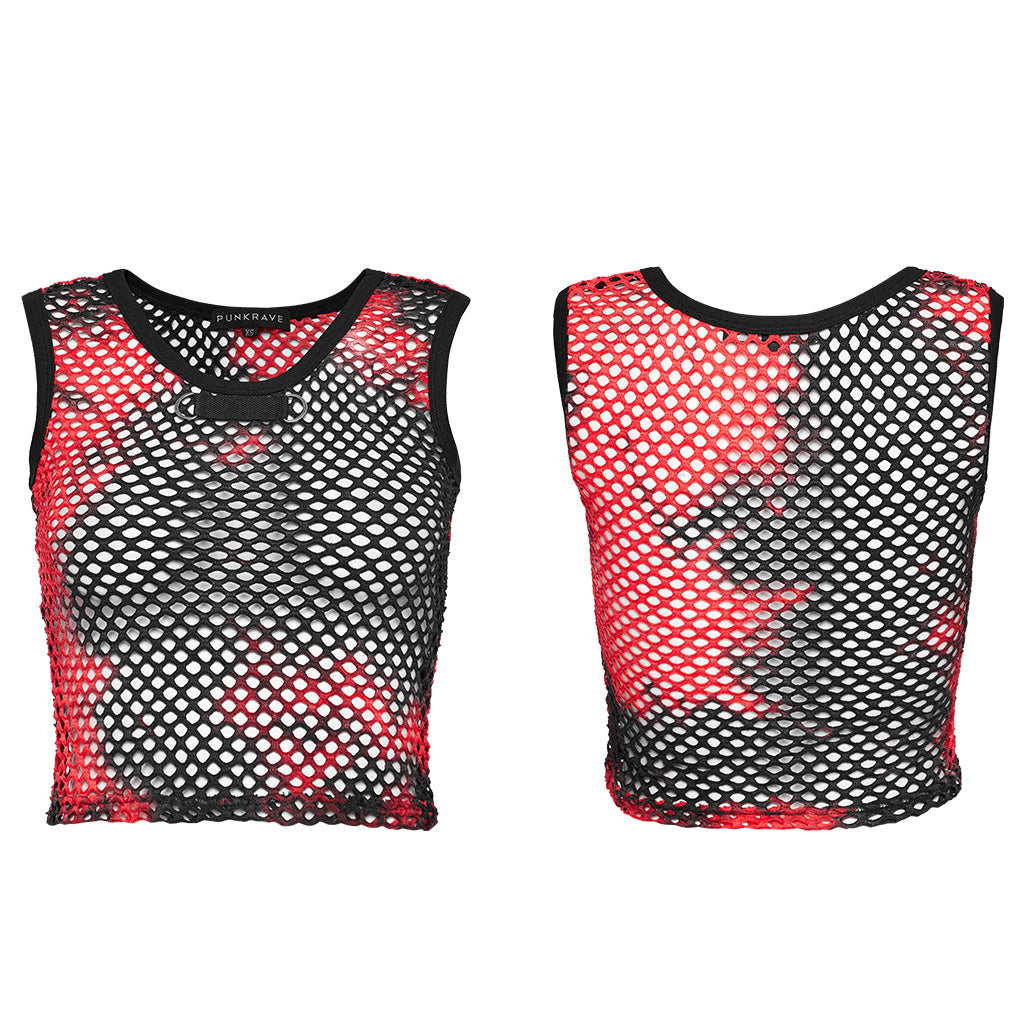 WT-866BXF Tie-Dye Mesh Crop Punk T-Shirt Edgy Fishnet Design