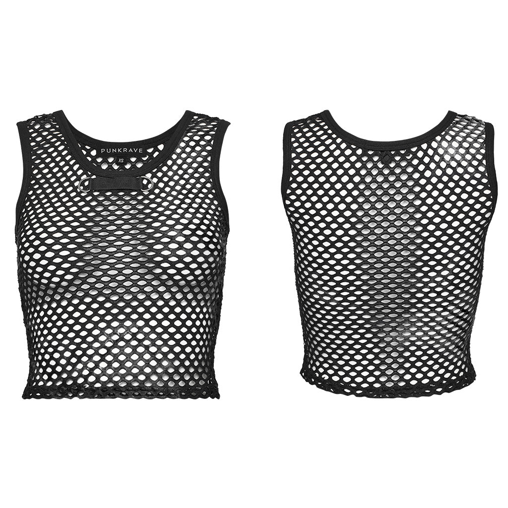 WT-866BXF Tie-Dye Mesh Crop Punk T-Shirt Edgy Fishnet Design