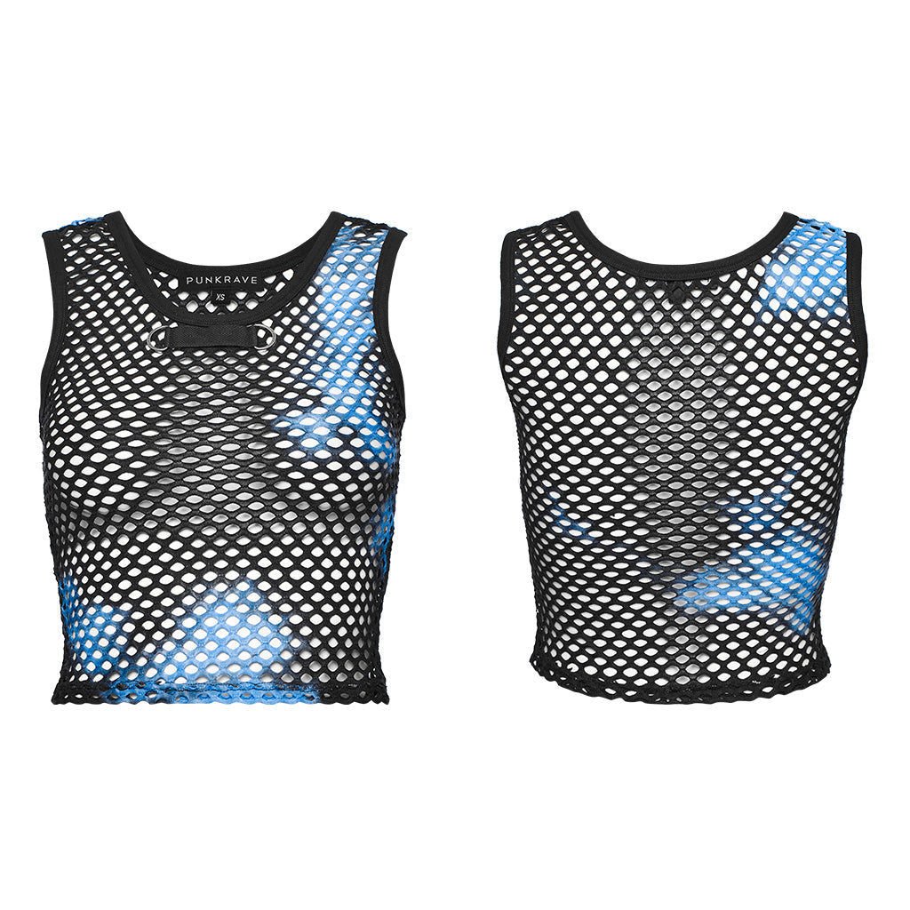WT-866BXF Tie-Dye Mesh Crop Punk T-Shirt Edgy Fishnet Design?-??Punk Rave Clothing