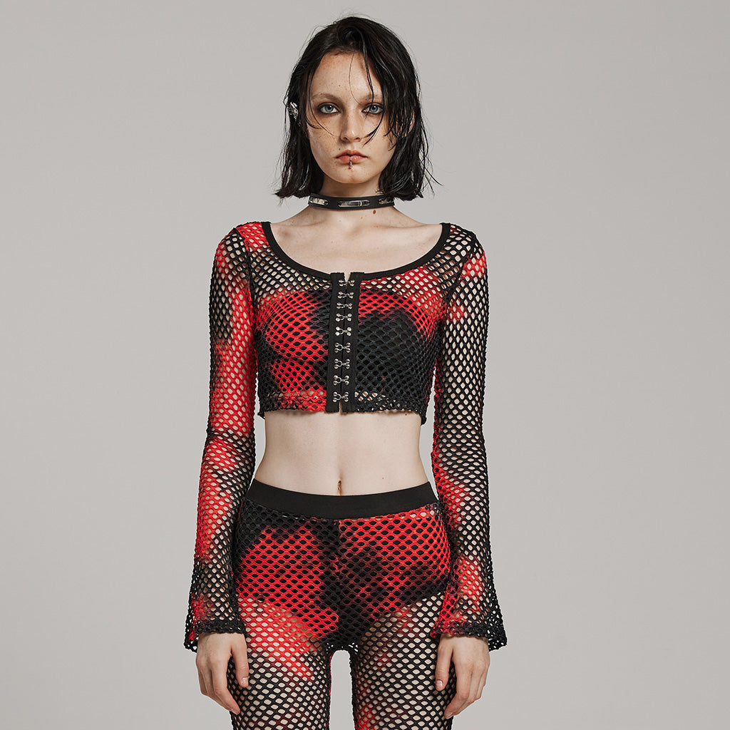 WT-869TCF Gothic Mesh Tie-Dye Crop Punk Long Sleeve Top?-??Punk Rave Clothing