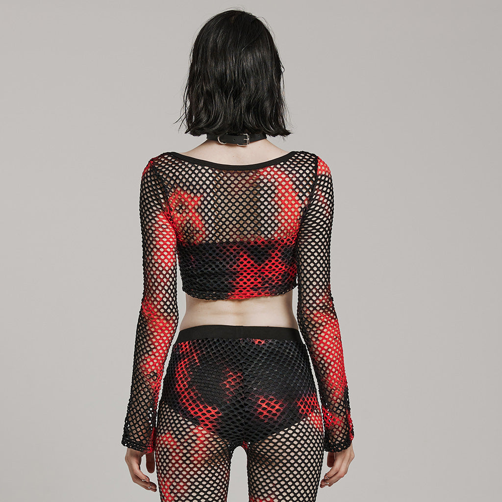 WT-869TCF Gothic Mesh Tie-Dye Crop Punk Long Sleeve Top?-??Punk Rave Clothing