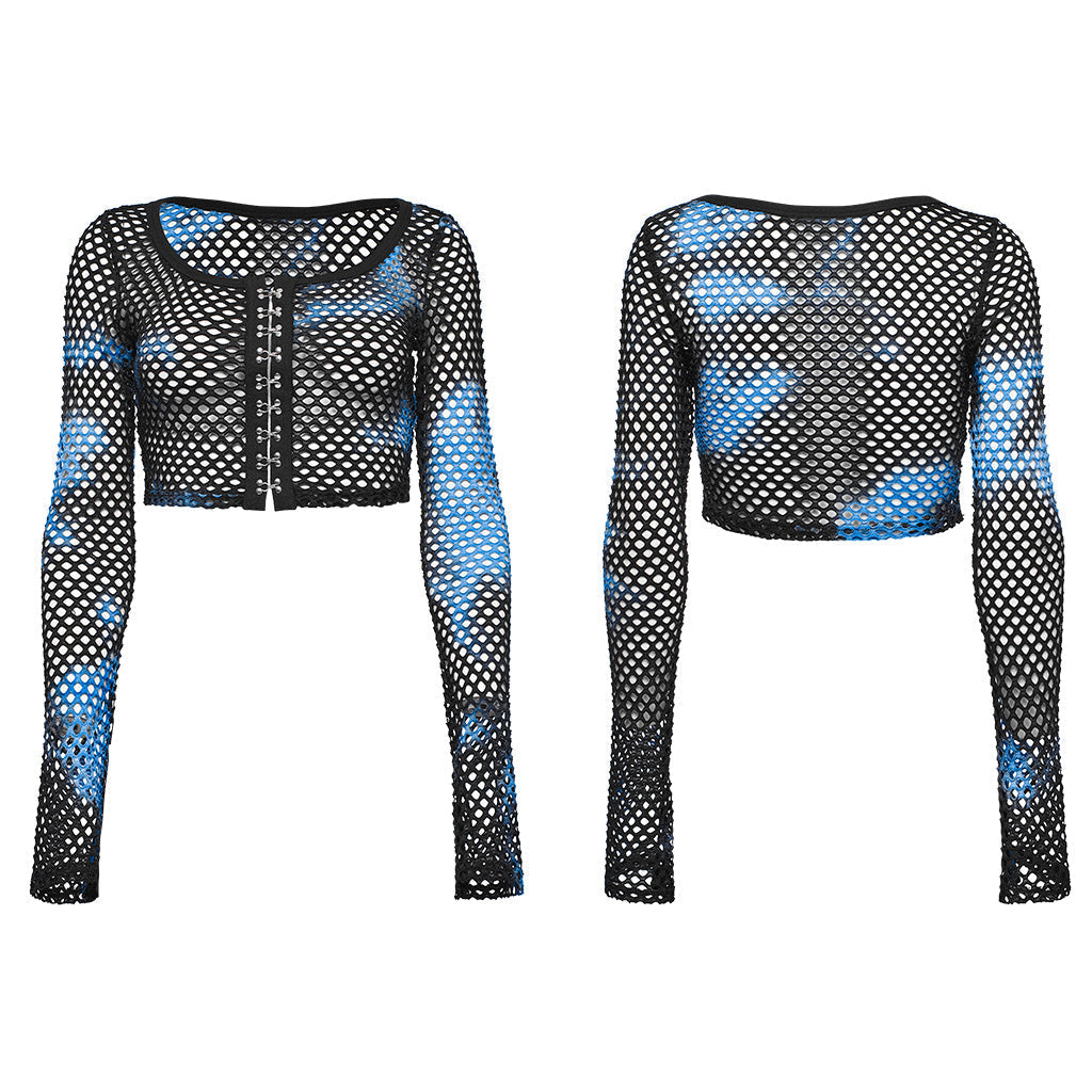 WT-869TCF Gothic Mesh Tie-Dye Crop Punk Long Sleeve Top?-??Punk Rave Clothing