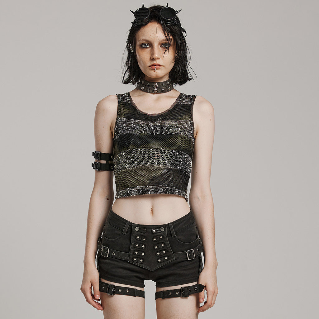 WT-870BXF Edgy Mesh Striped Punk Vest Top black Green?-??Punk Rave Clothing