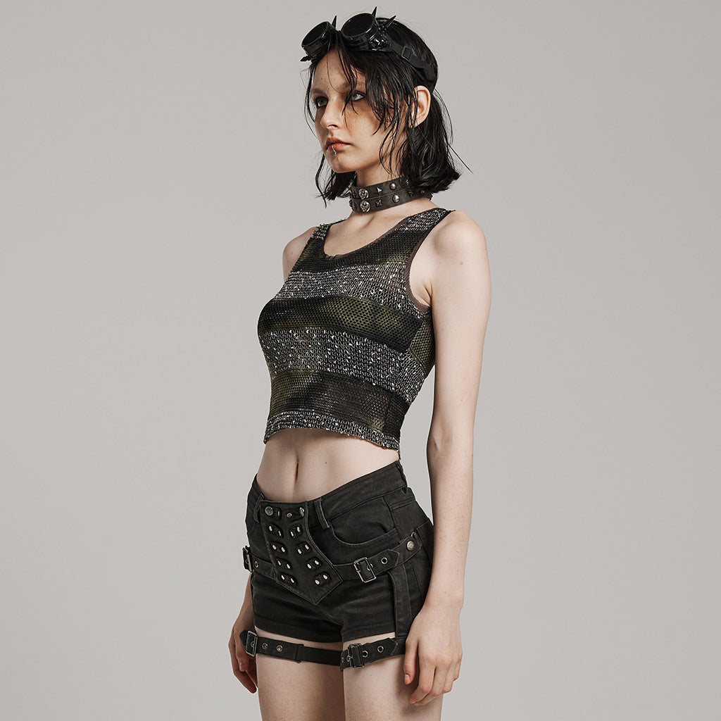 WT-870BXF Edgy Mesh Striped Punk Vest Top black Green?-??Punk Rave Clothing