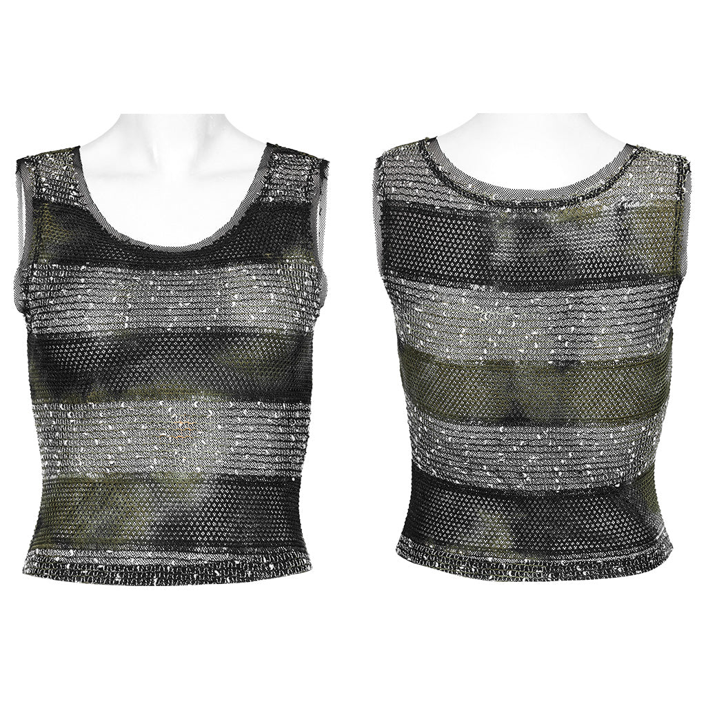 WT-870BXF Edgy Mesh Striped Punk Vest Top black Green