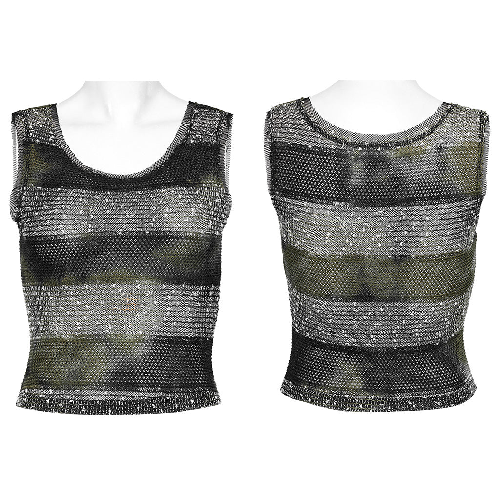 WT-870BXF Edgy Mesh Striped Punk Vest Top black Green?-??Punk Rave Clothing