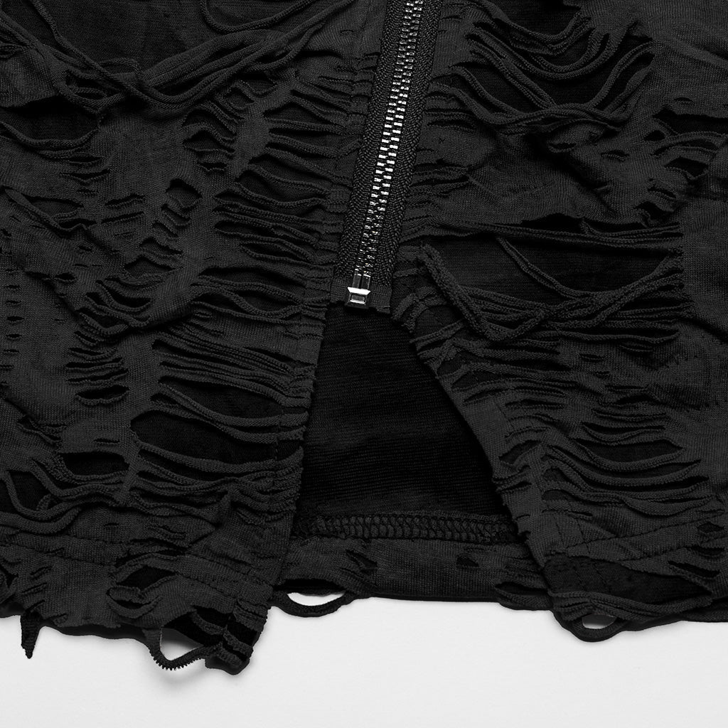 WT-878TDF Ripped Black High-Collar Zippered Punk T-Shirt Women?-??Punk Rave Clothing