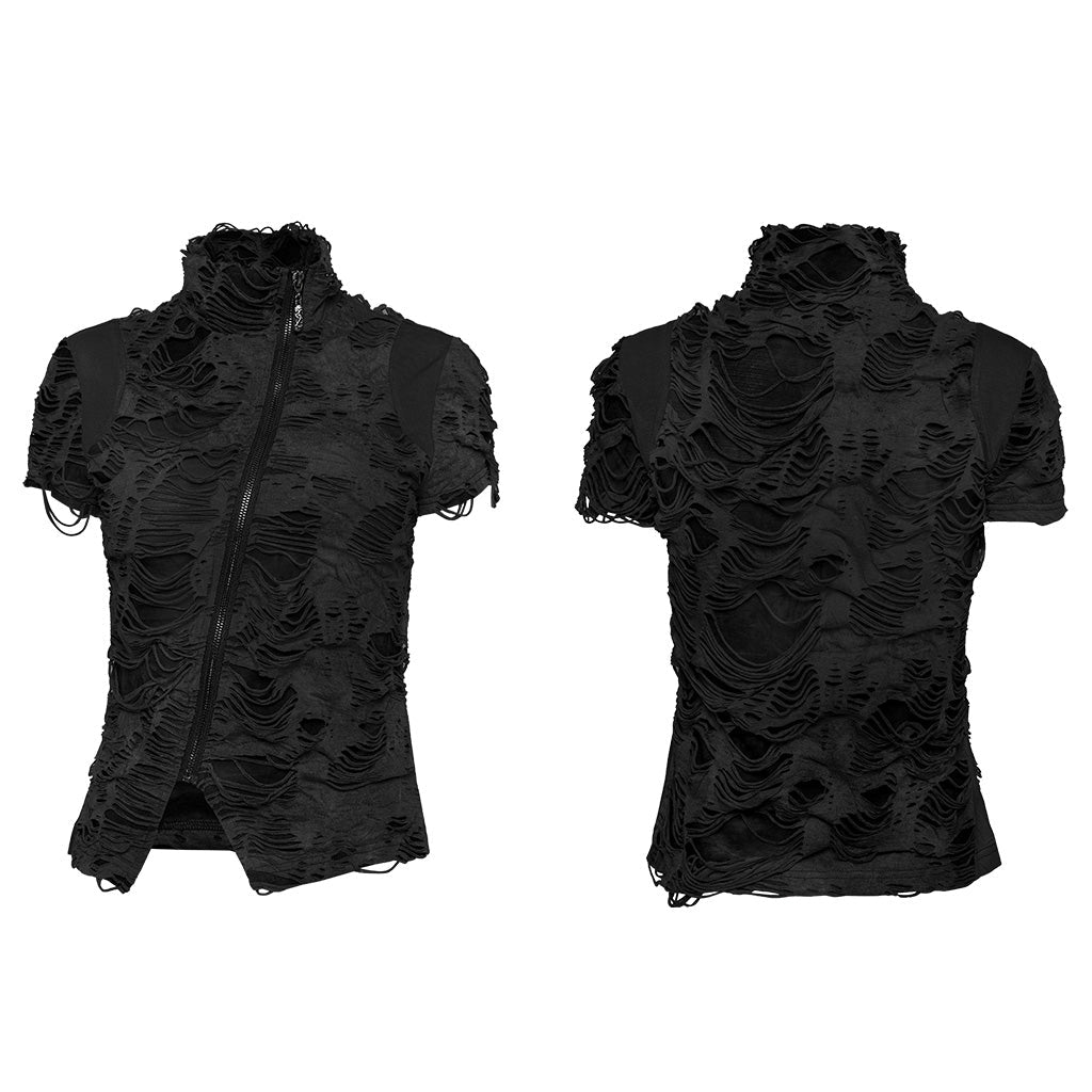 WT-878TDF Ripped Black High-Collar Zippered Punk T-Shirt Women?-??Punk Rave Clothing