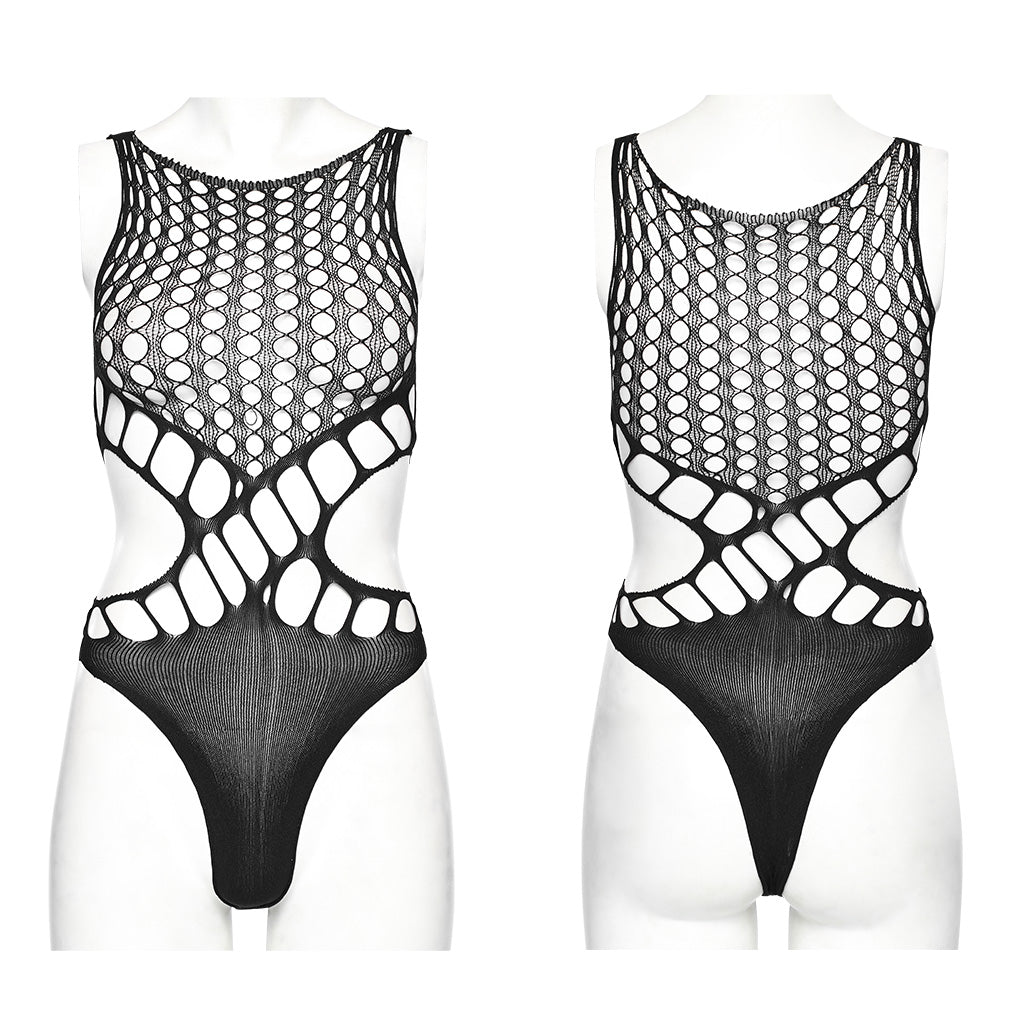 WT-885BXF Edgy Mesh Cutout Bodysuit Punk Accessories black Stretch Fabric