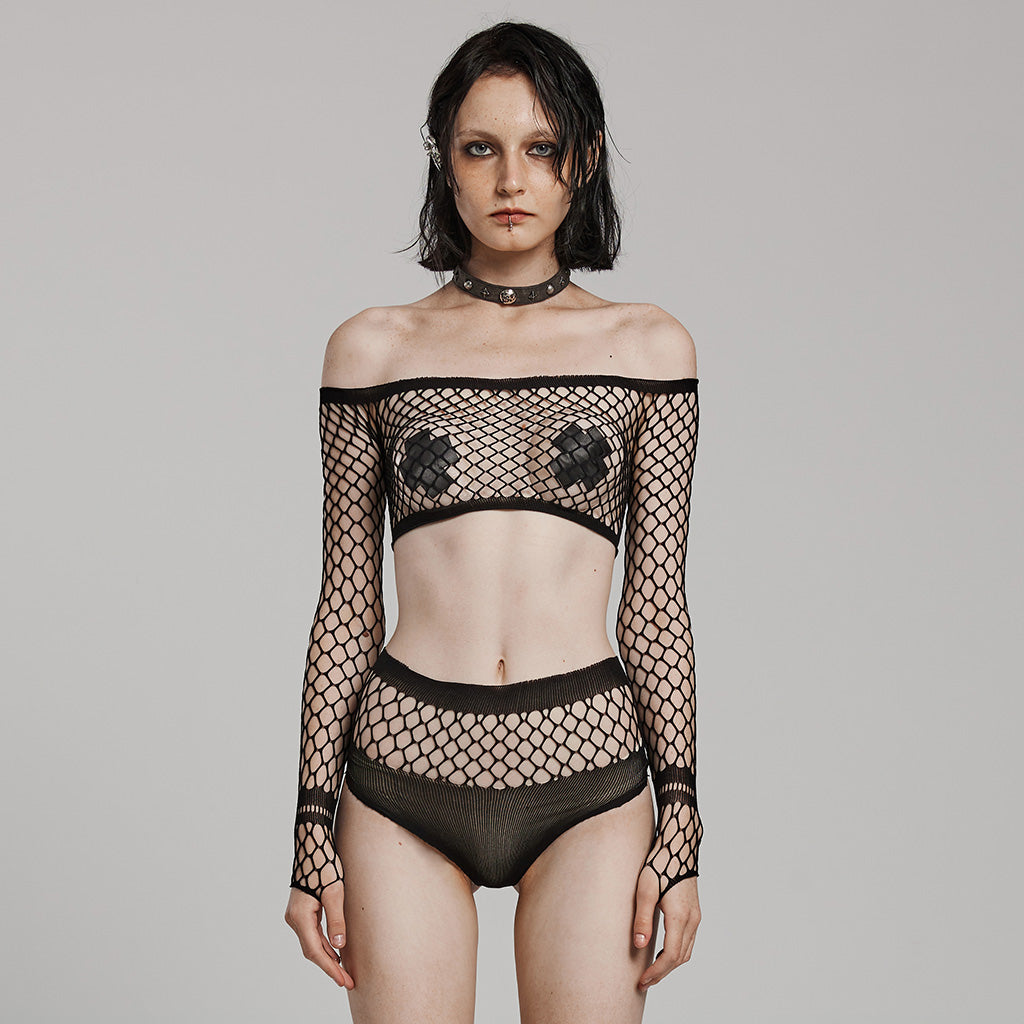 WT-886TCF Edgy Fishnet Off-Shoulder Long Sleeve Punk Shirt Set?-??Punk Rave Clothing