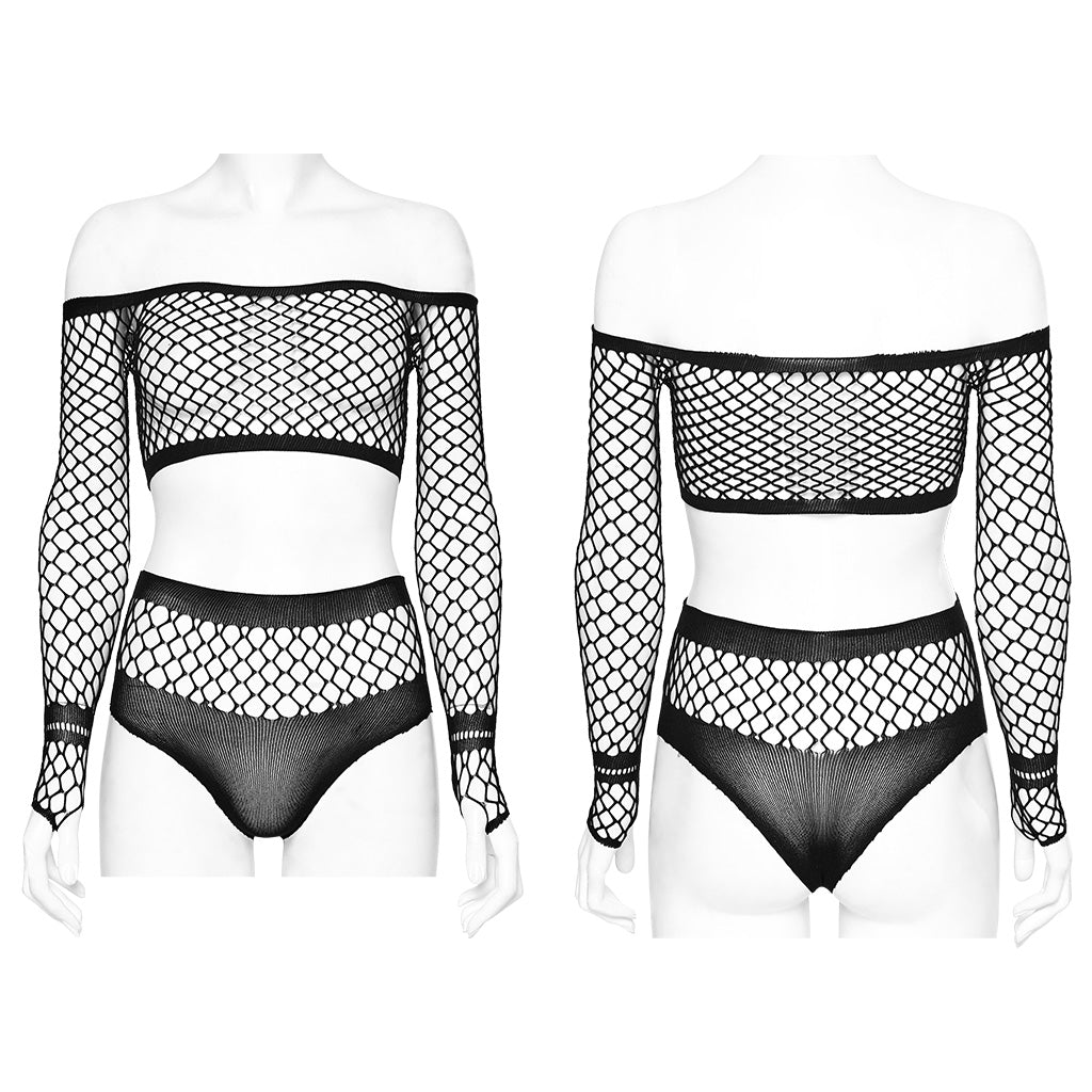 WT-886TCF Edgy Fishnet Off-Shoulder Long Sleeve Punk Shirt Set