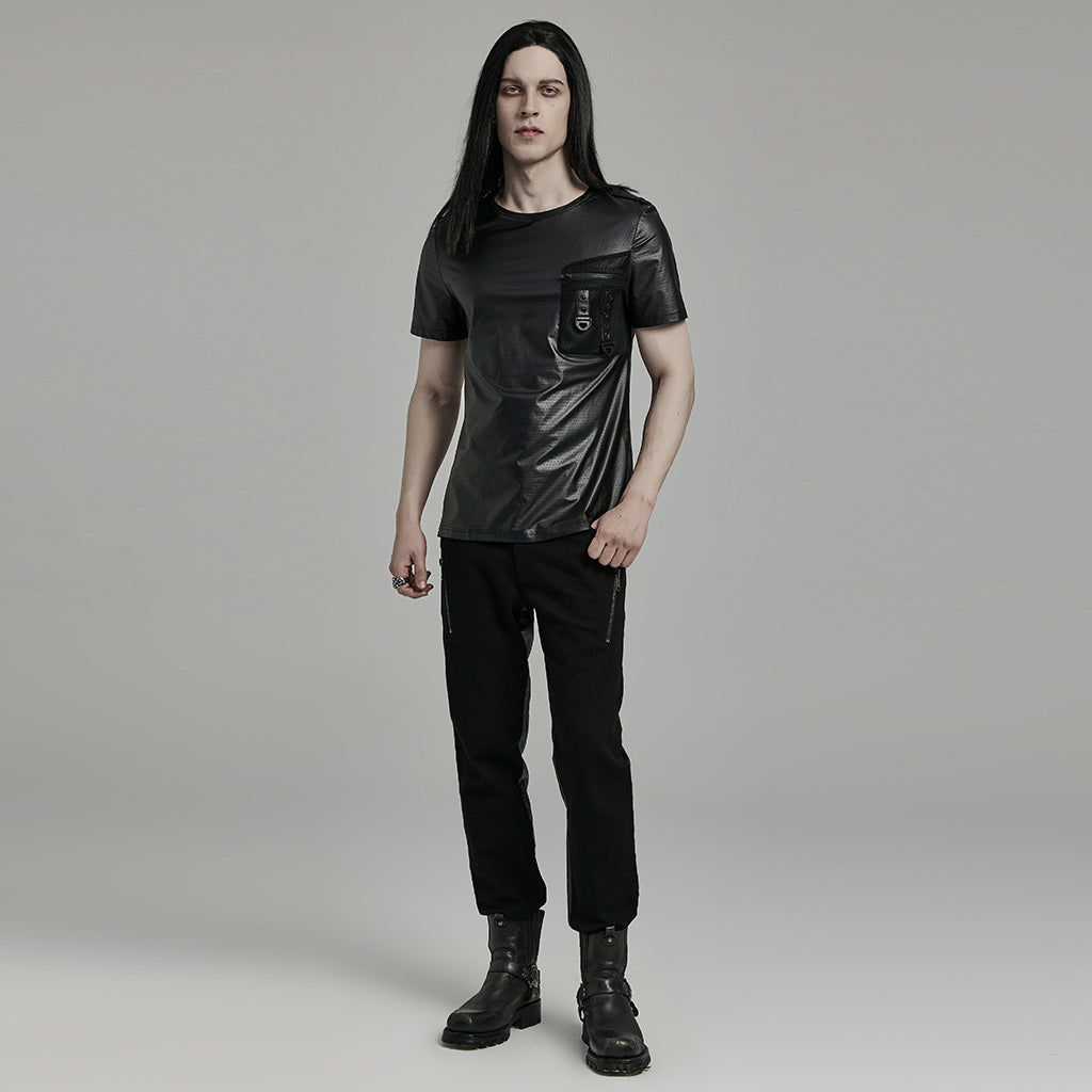 WT-891TDM Edgy black Techwear Punk T-Shirt with Chest Pocket Detailing?-??Punk Rave Clothing