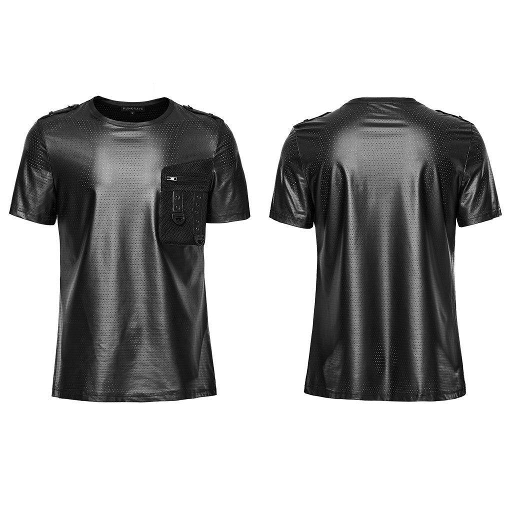 WT-891TDM Edgy black Techwear Punk T-Shirt with Chest Pocket Detailing?-??Punk Rave Clothing