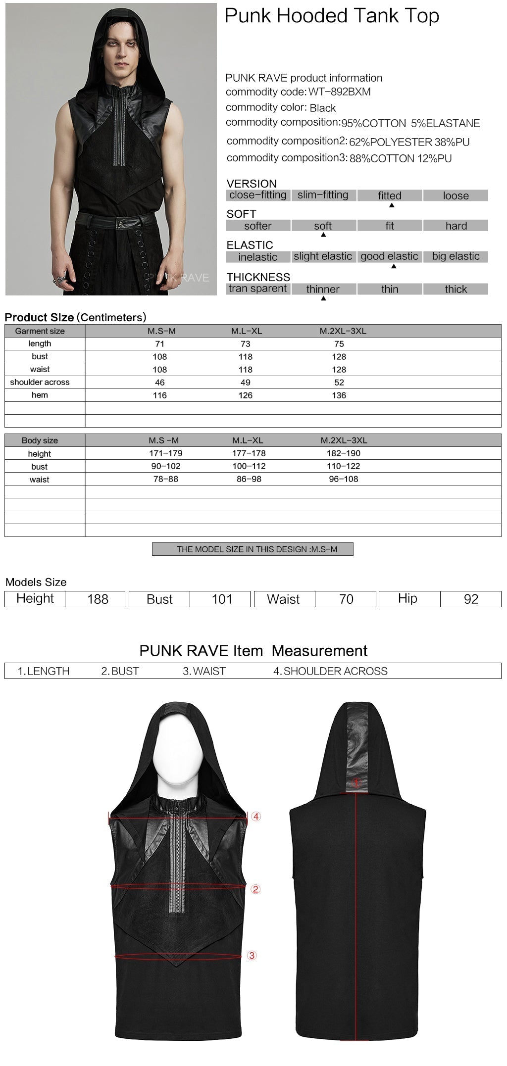 WT-892BXM Gothic Sleeveless Hoodie Zippered Leather Accent Punk Shirt?-??Punk Rave Clothing