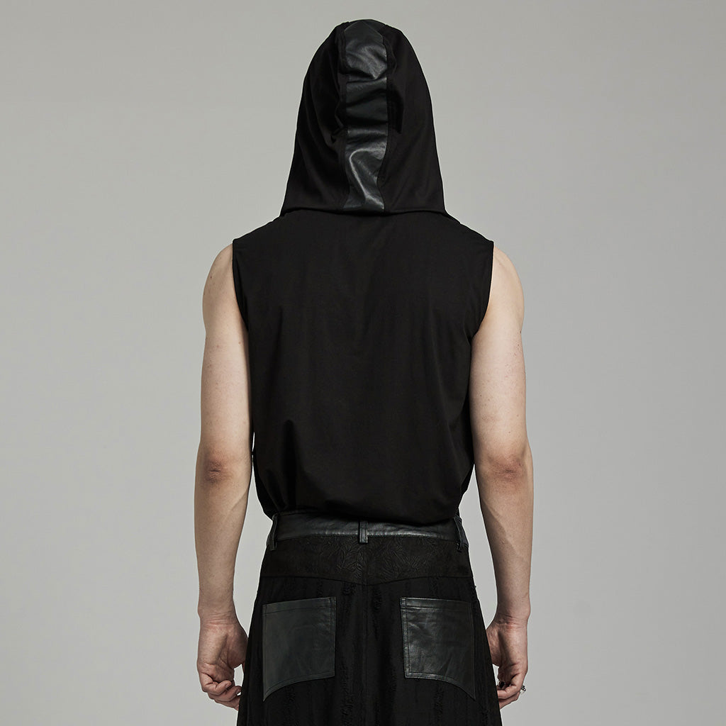 WT-892BXM Gothic Sleeveless Hoodie Zippered Leather Accent Punk Shirt?-??Punk Rave Clothing