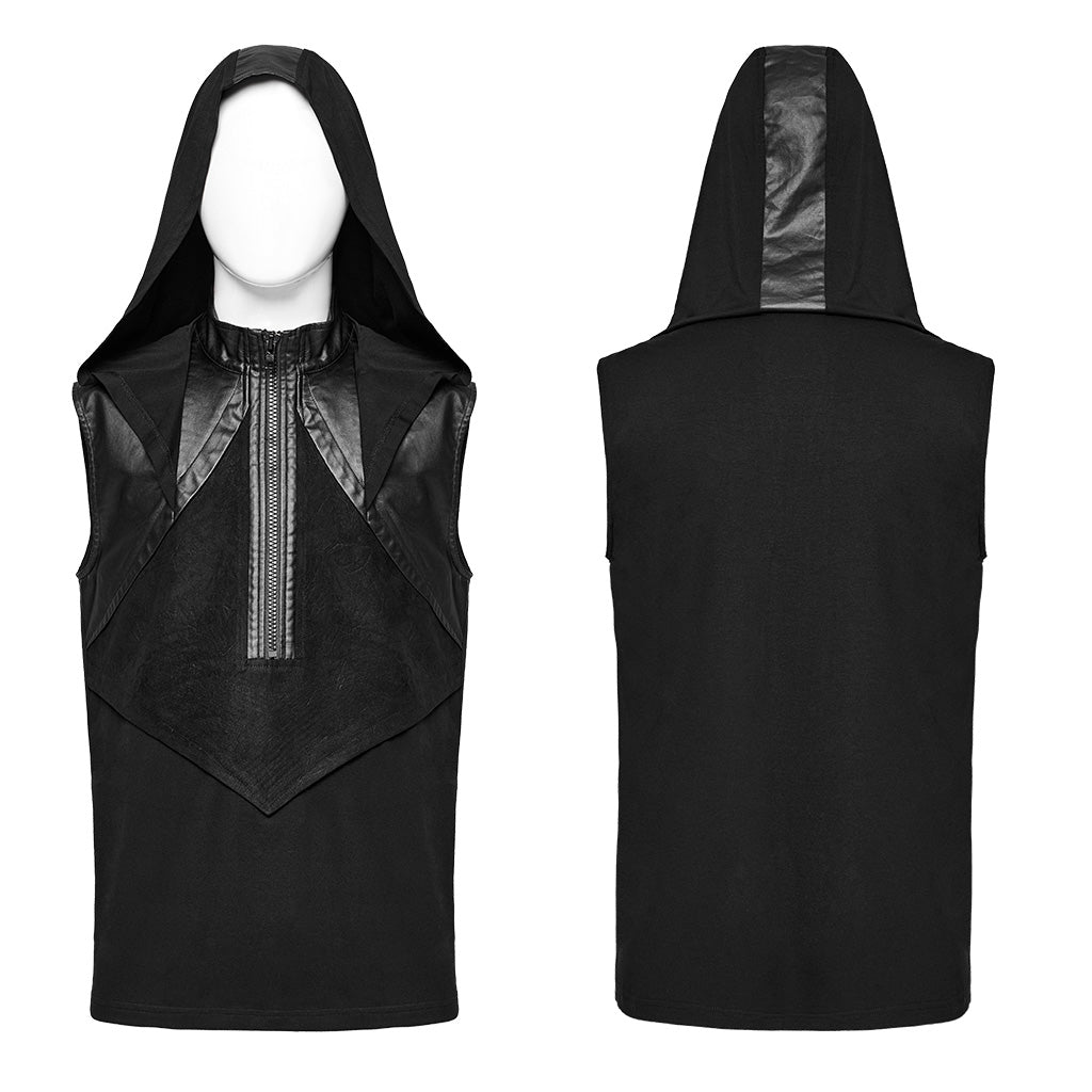 WT-892BXM Gothic Sleeveless Hoodie Zippered Leather Accent Punk Shirt?-??Punk Rave Clothing